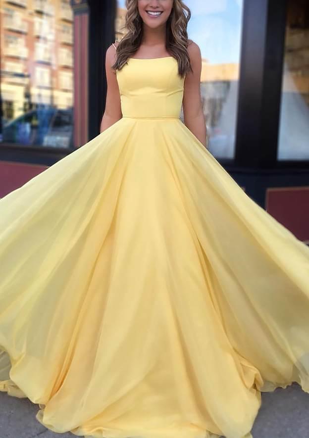 TingPo Wholesale A-line Bateau Spaghetti Straps Sweep Train Chiffon Prom Dress